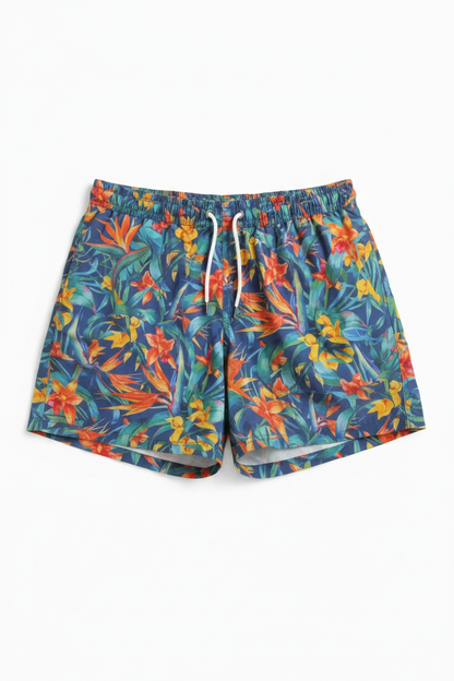 MNG Vibrant Tropical Floral Print Swim Shorts with Elastic Drawstring Waist