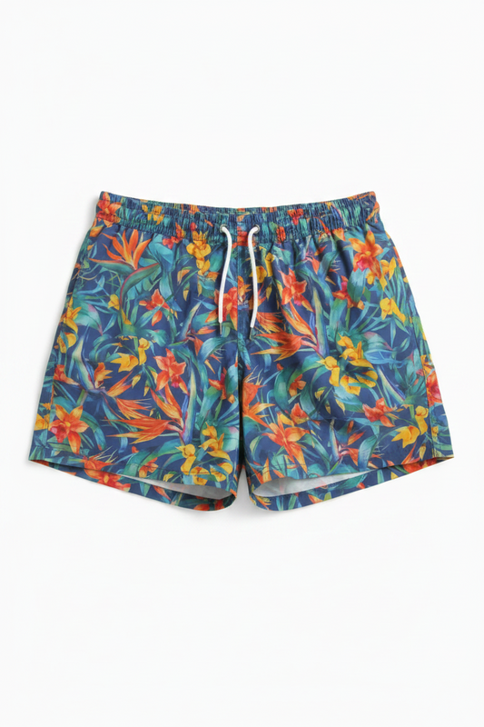 MNG Vibrant Tropical Floral Print Swim Shorts with Elastic Drawstring Waist