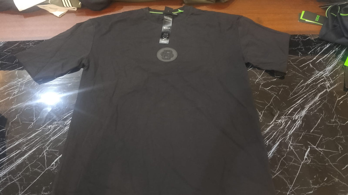 BOSS Men's Core Black Liquid Chrome Smiley Logo Luxury T-Shirt
