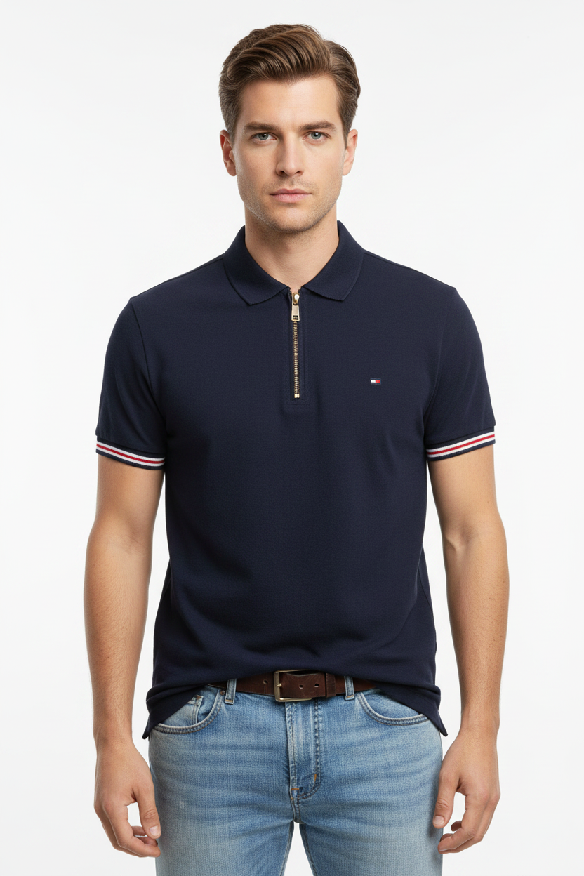 Tommy Hilfiger Zip Placket Tipped Cuff Polo Shirt