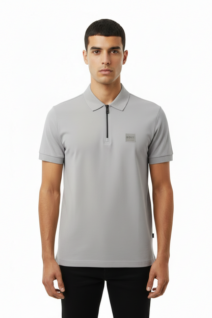 BOSS Men's Quarter-Zip Polo Shirt with Square Silicone Logo Patch
