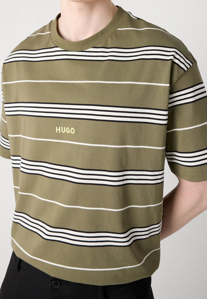 HUGO Men's Olive Green Horizontal Multi-Stripe Luxury T-Shirt