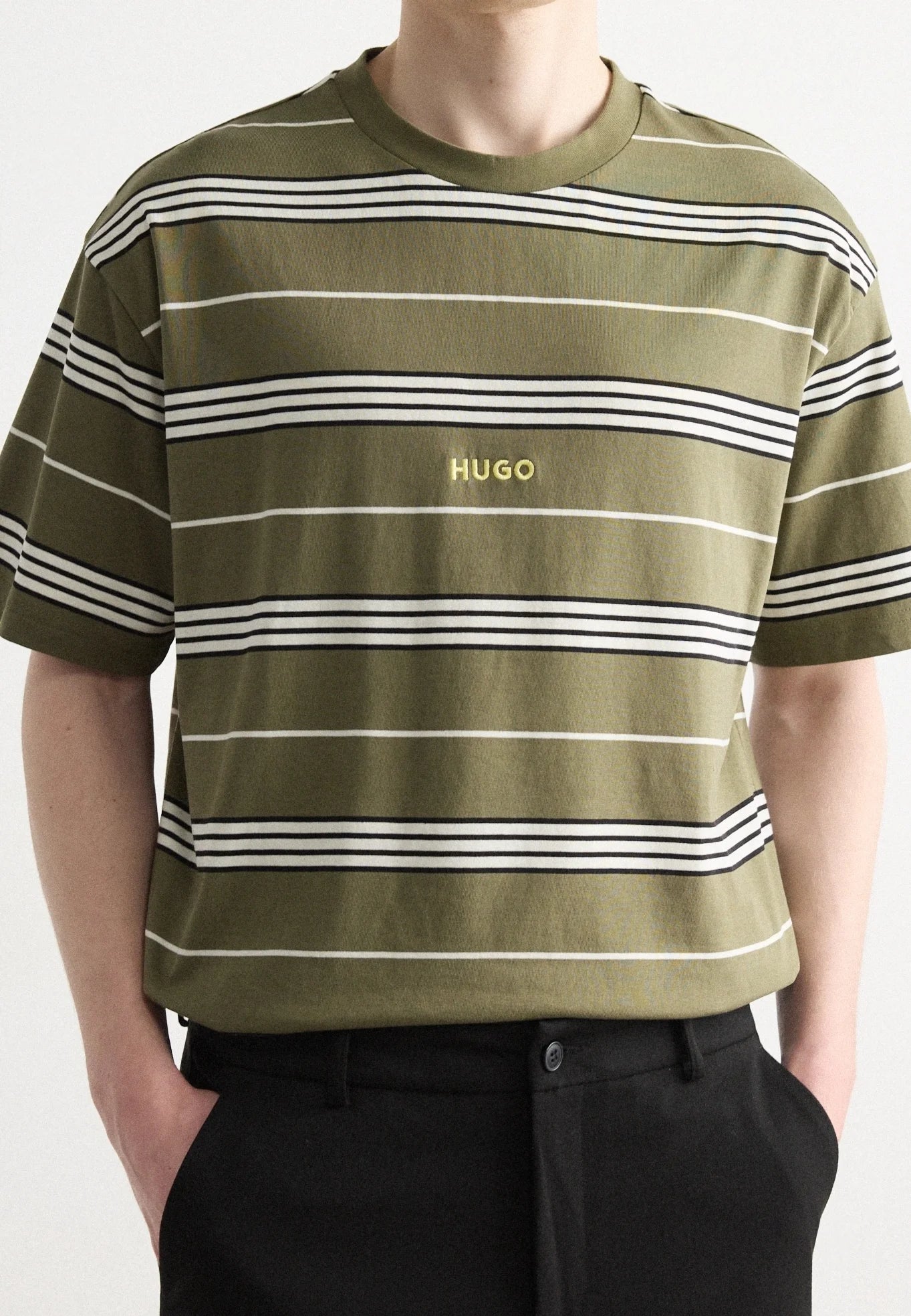 HUGO Men's Olive Green Horizontal Multi-Stripe Luxury T-Shirt