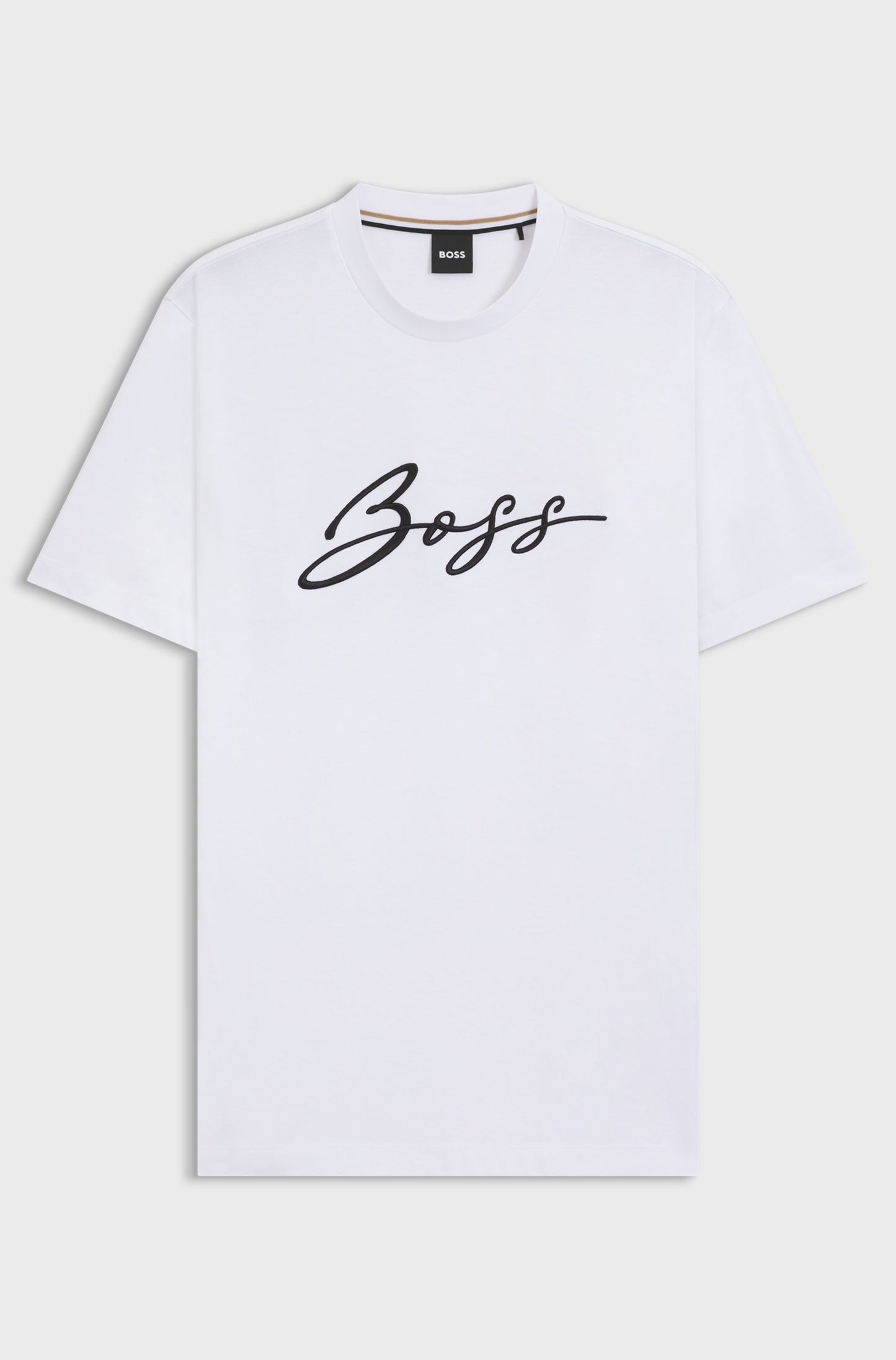 BOSS Men's White Script Signature Logo Luxury T-Shirt