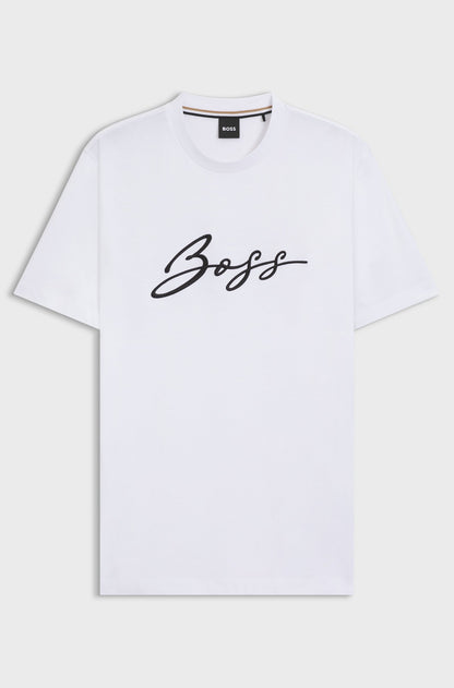 BOSS Men's White Script Signature Logo Luxury T-Shirt