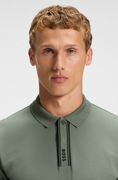 BOSS Men's Slim Fit Athleisure Active Cotton Polo Shirt with Logo Placket Green Line