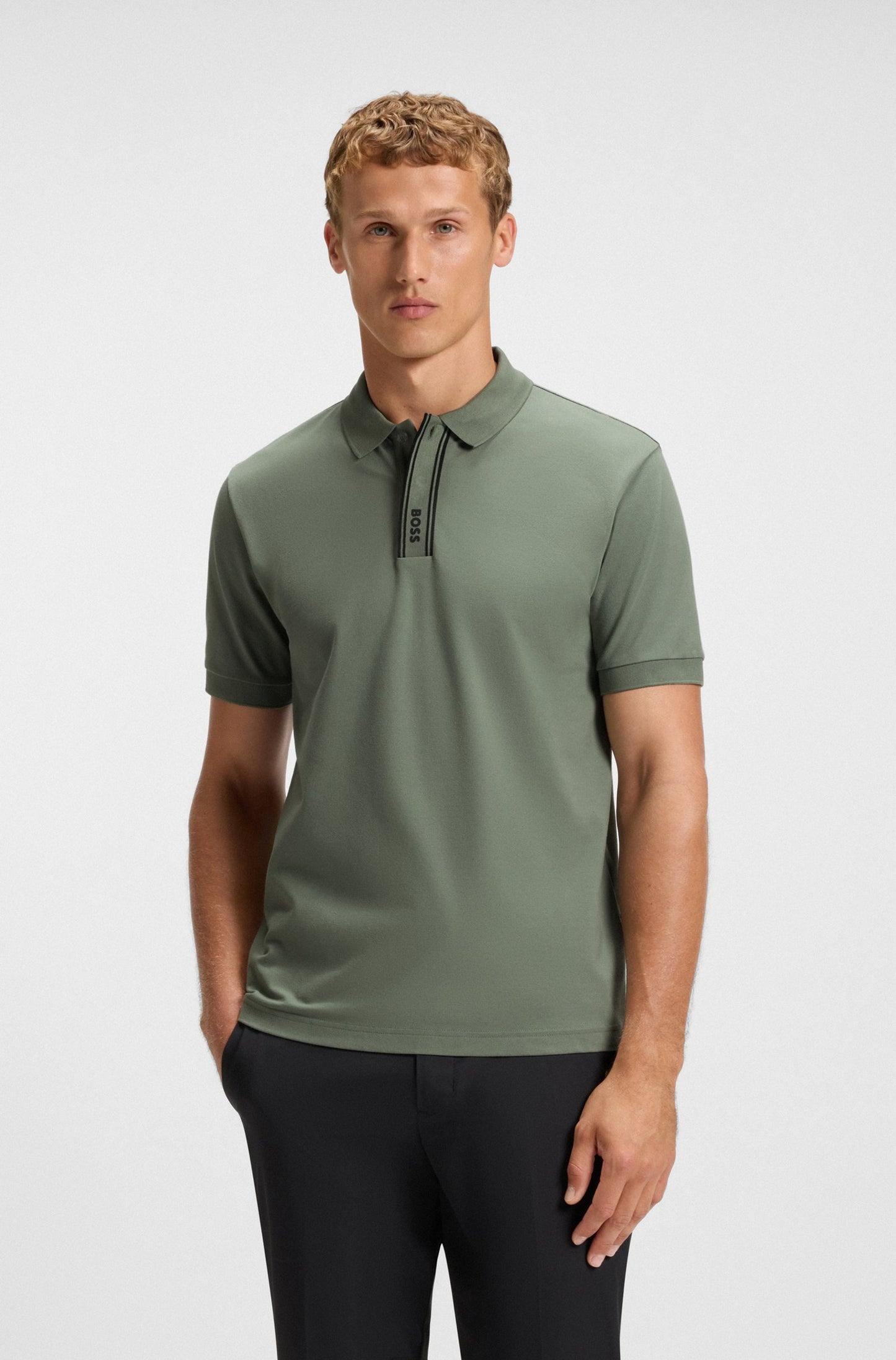 BOSS Men's Slim Fit Athleisure Active Cotton Polo Shirt with Logo Placket Green Line