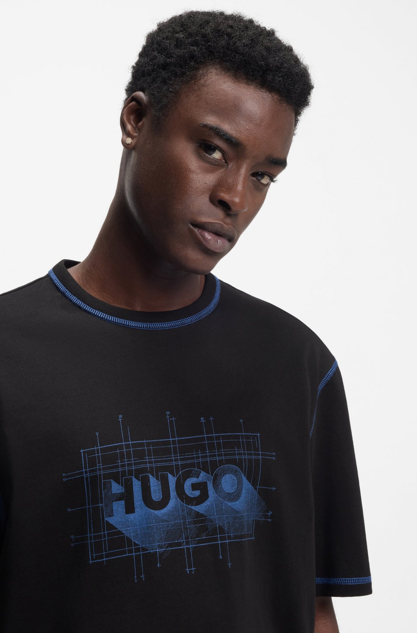HUGO Men's Blueprint Grid Logo T-Shirt with Contrast Overlock Stitching
