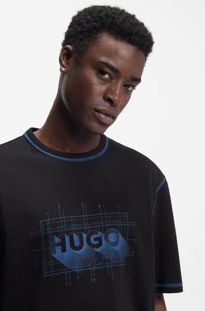 HUGO Men's Blueprint Grid Logo T-Shirt with Contrast Overlock Stitching