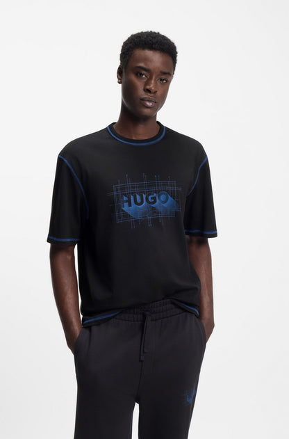 HUGO Men's Blueprint Grid Logo T-Shirt with Contrast Overlock Stitching