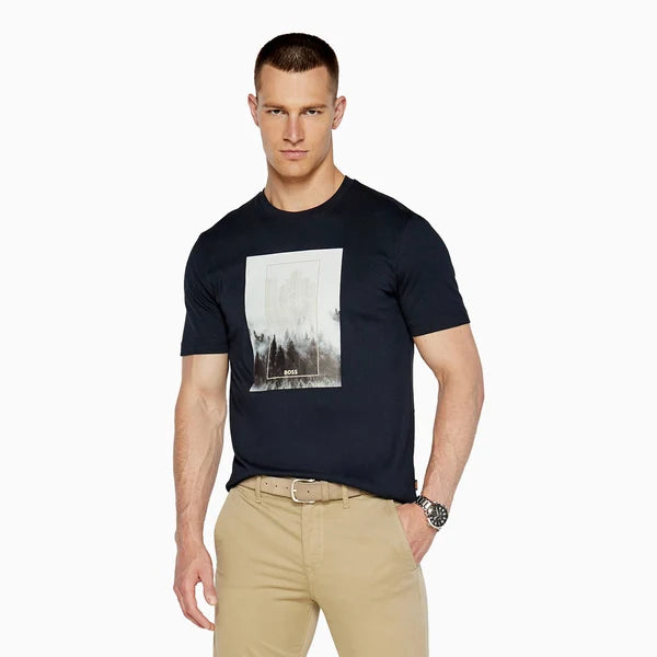 BOSS Men's Misty Forest Skyscraper Graphic Box Logo Luxury T-Shirt