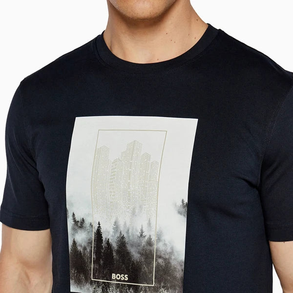 BOSS Men's Misty Forest Skyscraper Graphic Box Logo Luxury T-Shirt